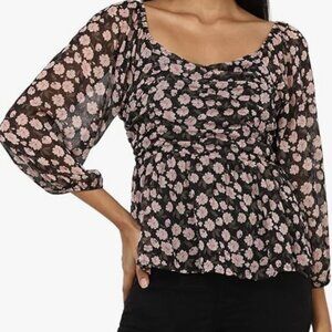 American Eagle | Chiffon Sheer Sleeve Floral Print Black Babydoll Top | Small